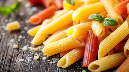 Wall Mural - Colorful Penne Pasta Photo - Rustic Italian Food Photography with Basil and Parmesan Cheese