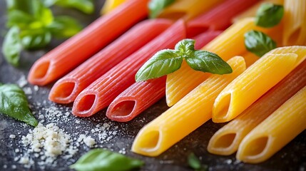 Sticker - Colorful Penne Pasta Photo - Red and Yellow Italian Pasta with Basil