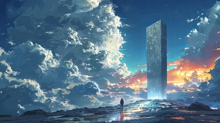  a man looking at the monolith that floating in the sky, digital art style, illustration painting