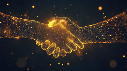 Poster - Vector illustration of a low poly business handshake with a golden dust effect. The design features sparkling stardust and glittering gold particles against a dark background. The handshake is depicte