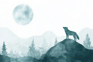  Silhouette of lone wolf howling at the moon over misty forest landscape