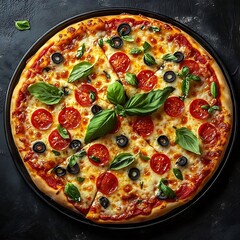 Wall Mural - Classic Italian Pizza with Tomatoes, Basil, and Black Olives Photo