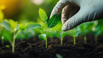 A hand gently nurturing a young plant in fertile soil, symbolizing growth and care in gardening and agriculture.