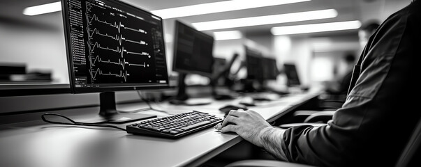 A person working on a computer in a modern office, focused on data analysis with multiple displays in a monochrome setting.