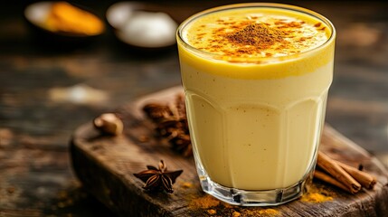 Chilled turmeric lassi in a glass, frothy top with a sprinkle of turmeric and spices, on a rustic wooden board with ingredients like milk and yogurt, traditional and healthy