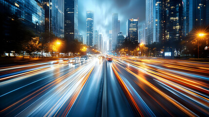 Canvas Print - A dynamic cityscape at night with light trails from vehicles.