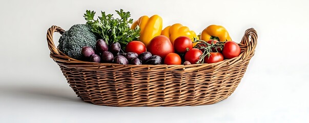 Sticker - Photo of Fresh Vegetables and Grapes Basket: Broccoli, Bell Peppers, Tomatoes, and Plums in a Rustic Wicker Container