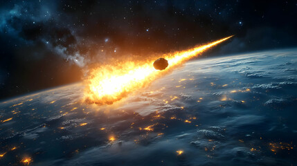 Poster - A fiery meteor streaking towards Earth in a cosmic scene.