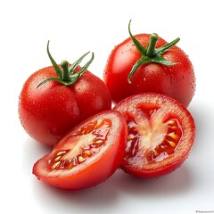 Poster - Fresh Red Tomatoes Photo - Sliced Tomato, Whole Tomatoes, Water Droplets, White Background