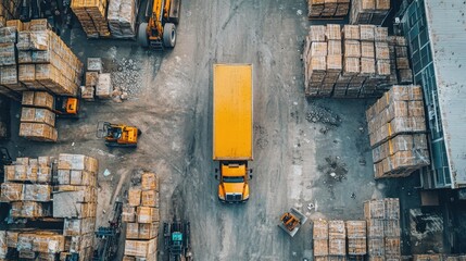 Poster - Aerial view of a yellow truck in a storage yard surrounded by stacked materials.