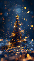 Luxury christmas and happy new year concept background,paper cut style, glittering gold christmas tree with stars on dark blue bokeh background