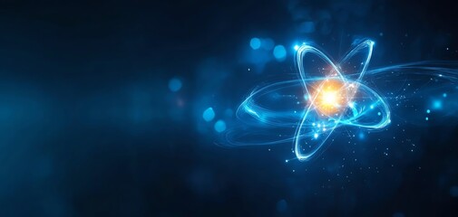 A vibrant, glowing atom illustration with bright particles against a blue background, symbolizing energy and technology.