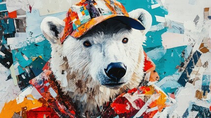 Wall Mural - Contemporary art collage featuring a portrait of a polar bear wearing a cap, created with a trendy paper collage technique to highlight a modern and artistic style