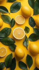 Wall Mural - Fresh Lemon Background - Vibrant Yellow Citrus Display with Leaves