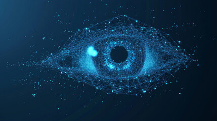 Poster - Vector illustration of a low poly wireframe eye, showcasing a futuristic concept. The design features a digital eye created from mesh spheres and flying debris, rendered in a thin line style. 