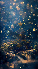 Luxury christmas and happy new year concept background,paper cut style, glittering gold christmas tree with stars on dark blue bokeh background