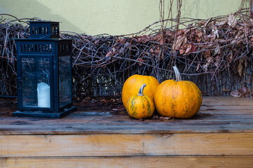 design autumn set three pumpkins and lantern with candle