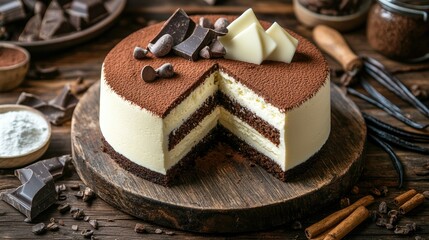 Close-up shot of a gourmet mousse cake with layers of creamy white chocolate, placed on a rustic wooden table, surrounded by ingredients like cocoa, vanilla, and sugar