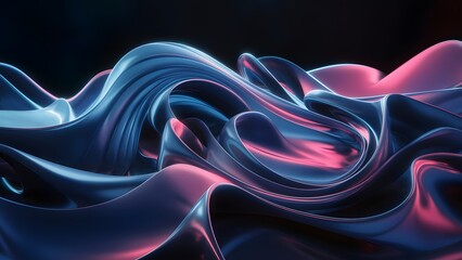 Fototapete - Abstract liquid glass holographic iridescent neon curved wave in motion dark background 3d render. liquid glass texture, purple iridescent shiny wave