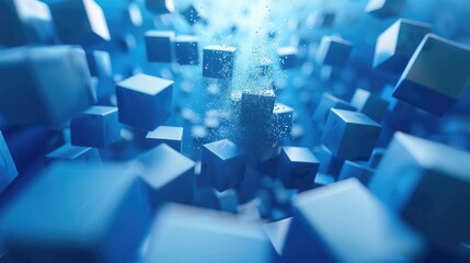 Falling ice cube with water drops splashing abstract background 3D realistic view