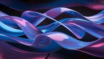 Fototapete - Abstract liquid glass holographic iridescent neon curved wave in motion dark background 3d render. liquid glass texture, purple iridescent shiny wave