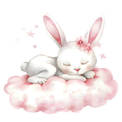 Wall Mural - Cute rabbit bunny sleeping in cloud watercolor cartoon illustration isolated on transparent background