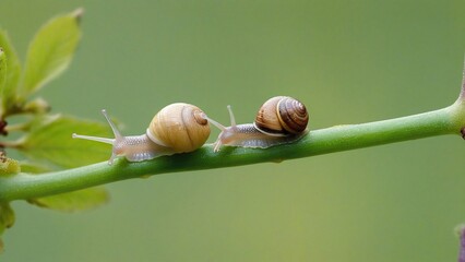 two snails are sitting on a blade of grass behind each other .