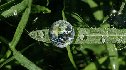 Aufkleber - The world in a drop of water, The Earth in a water droplet symbolizes green energy and sustainability, reflecting the balance of nature and energy conservation for a better future