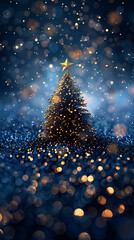 Luxury christmas and happy new year concept background,paper cut style, glittering gold christmas tree with stars on dark blue bokeh background