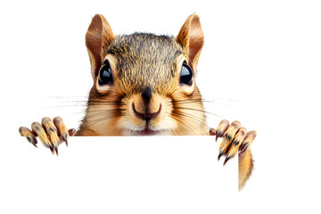 cute squirrel holding blank white banner in its paws isolated on transparent background