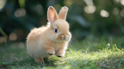 Cute baby rabbit with soft fur, running playfully and nibbling on grass in the yard. Perfect pet for families, showcasing a moment of innocence and fun.