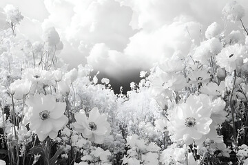 Wall Mural - A serene black-and-white landscape filled with blooming flowers under a cloudy sky.