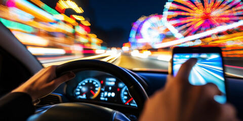 Person Enjoying Vibrant Lights While Using a Smartphone During a Night Drive