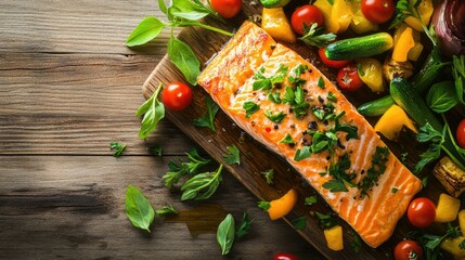 Delicious steamed salmon fillet garnished with herbs, served with a colorful mix of vegetables on a rustic wooden table, creating a perfect gourmet meal presentation