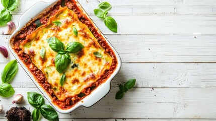 Wall Mural - Delicious zucchini lasagna with rich bolognese sauce in a baking dish, placed on a rustic white wooden background, garnished with fresh basil, top view, selective focus