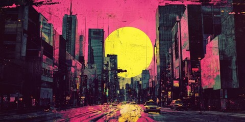 Wall Mural - Grunge-style collage poster in vibrant pink and yellow featuring an anime-inspired cityscape, with a mix of textures and artistic elements to create a dynamic and visually engaging design