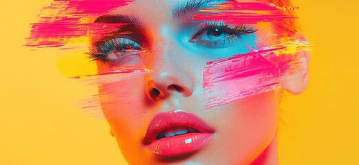 Wall Mural - Poster featuring a fashion woman’s face in a riso graph and glitch style, using vibrant and vivid colors to create a striking visual impact