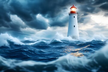 A beautiful lighthouse stands tall in the middle of a stormy sea, with waves crashing around it