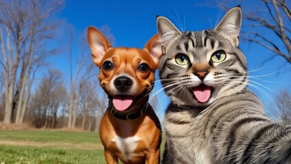 Wall Mural - Happy loyal friends dog and cat take selfie photos