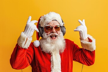 cool santa claus with headphones and sunglasses showing empty space on hands, isolated yellow color background, white gloves, funny pose, open mouth, happy face expression, red , full body portrait.