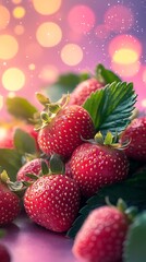 Wall Mural - Sweet Strawberry Delight Photo - Ripe Strawberries and Leaves