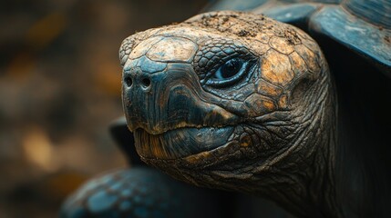 A close-up of a Galapagos tortoise's weathered shell and face, showcasing its ancient, wise appearance.