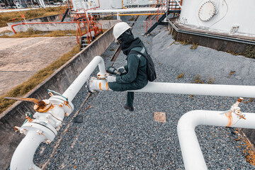 Wall Mural - Male worker inspection and measurement thickness pipeline oil and gas at check record pipeline