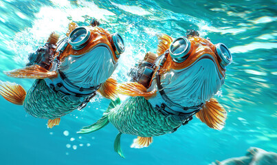 Two whimsical fish in scuba gear exploring the ocean depths, showcasing vibrant colors and underwater adventure.