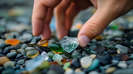 A close-up of a hand picking up a piece of sea glass from Glass Beach.