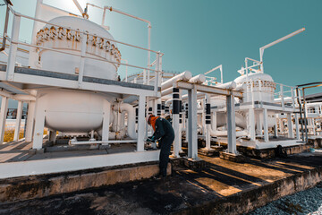 Wall Mural - Male worker inspection and measurement thickness pipeline oil and gas at check record pipeline