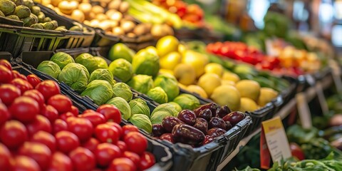 Poster - An array of fresh vegetables neatly displayed at a bustling market, showcasing vivid colors and inviting freshness.