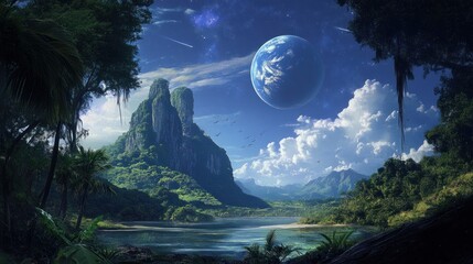 Wall Mural - Fantasy Landscape with Blue Planet