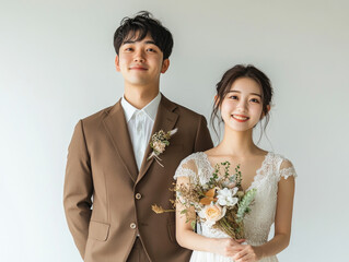 Canvas Print - A Japanese couple posing for wedding photos. The man is wearing an elegant brown suit and white shirt, with his head tilted back while holding flowers in one hand.