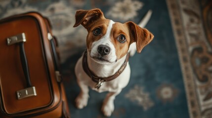 Top view of a dog standing on two legs next to a suitcase, looking up as if ready to go on an adventure.